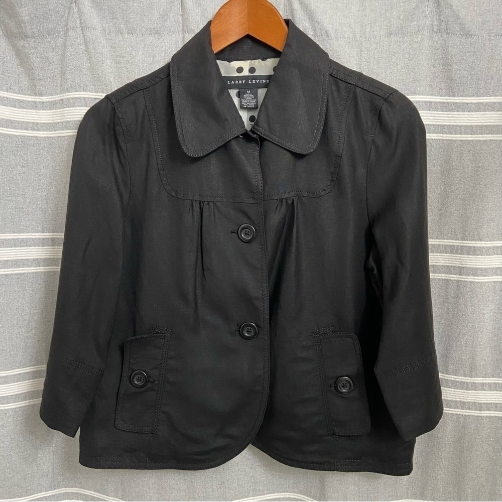 LARRY LEVINE / Black Linen Blend 3/4 Sleeve Jacket Size M